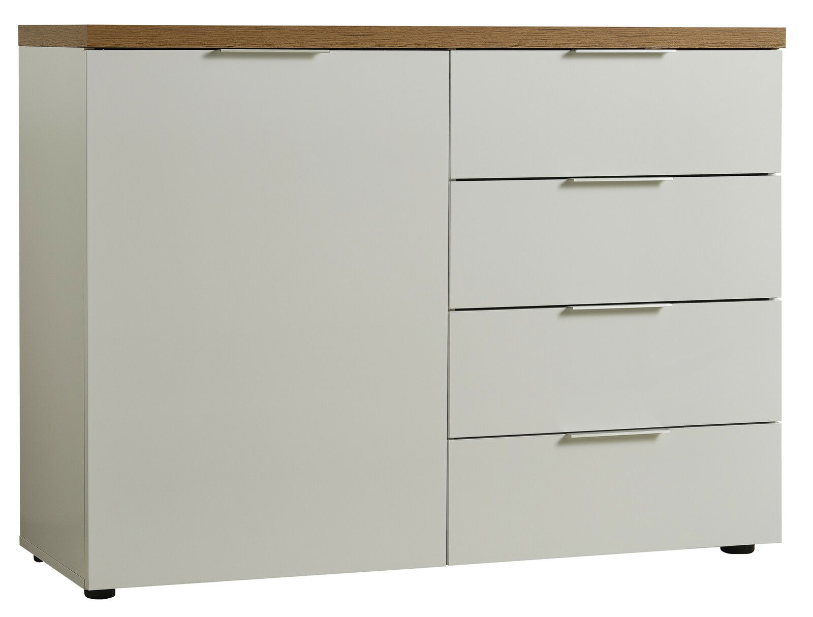 Weiße Kommode mit vier Schubladen und einer Tür, Holzoberfläche, frontale Ansicht