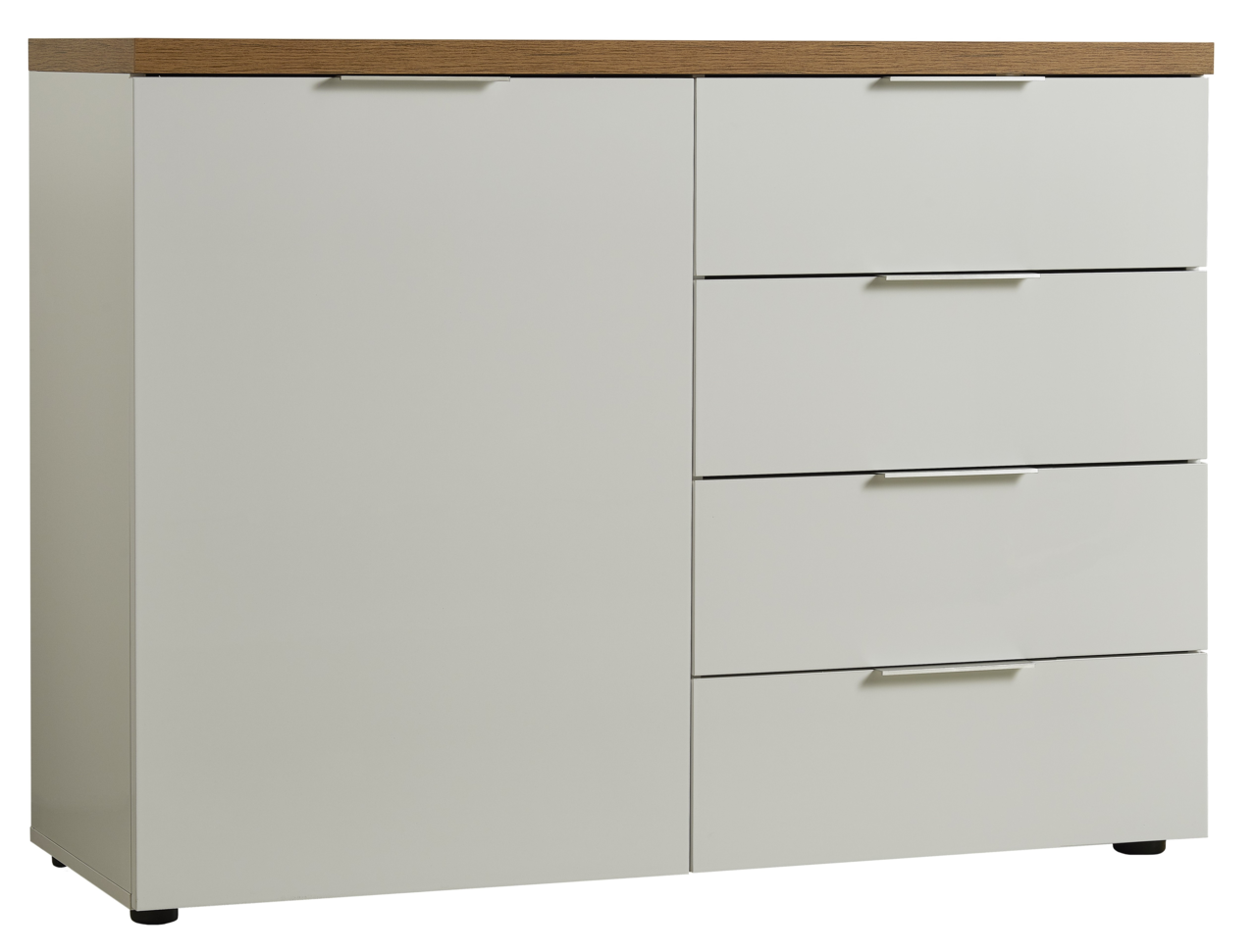 XORA Kommode IDEA Weiße Kommode mit vier Schubladen und einer Tür, Holzoberfläche, frontale Ansicht