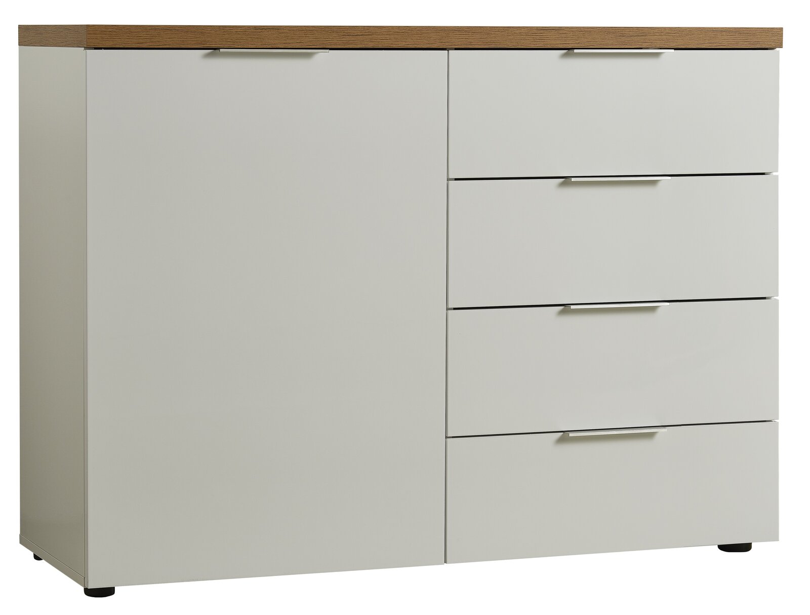 XORA Kommode IDEA Weiße Kommode mit vier Schubladen und einer Tür, Holzoberfläche, frontale Ansicht