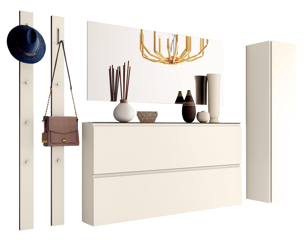 Moderano Garderobenset 250cm LECCO Garderobenset in Cremeweiß mit Spiegel, Hakenleisten, Schubladen und Dekorationen, frontal betrachtet.