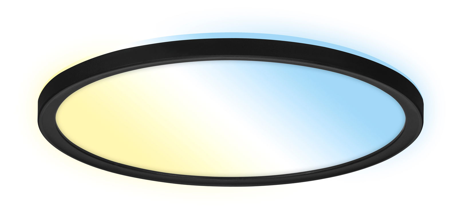 Runde LED-Deckenleuchte mit schwarzem Rahmen, leuchtet in sanften Gelb- und Blautönen, seitliche Perspektive