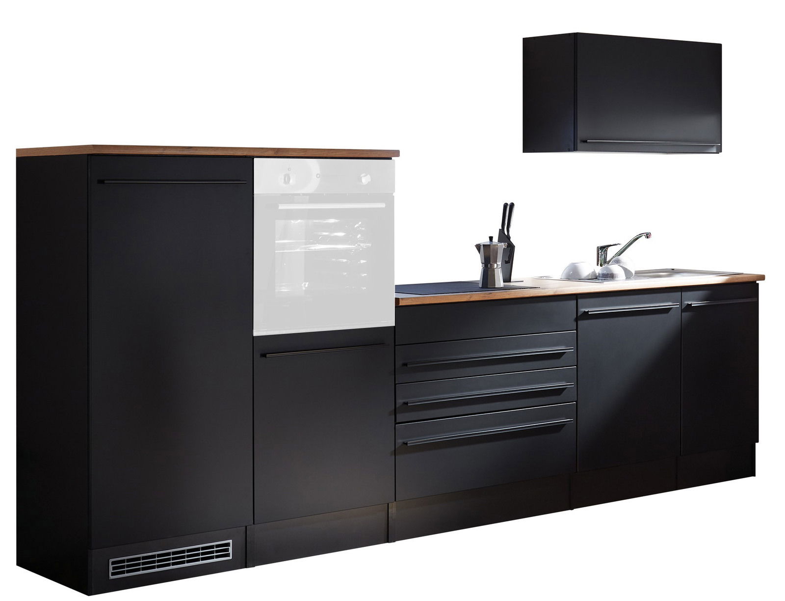 Moderner Küchenblock in schwarzem Design mit Holzarbeitsplatte, ohne Elektrogeräte, seitliche Perspektive