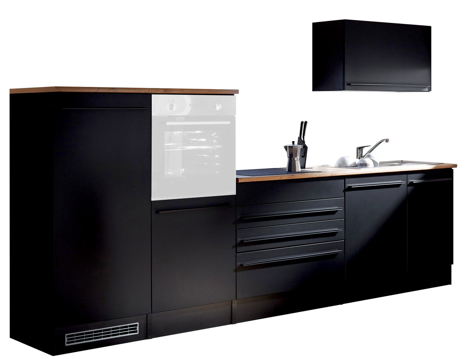 Yourkitchen Küchenblock 320 JAZZ ohne E-Geräte Moderner Küchenblock in schwarzem Design mit Holzarbeitsplatte, ohne Elektrogeräte, seitliche Perspektive
