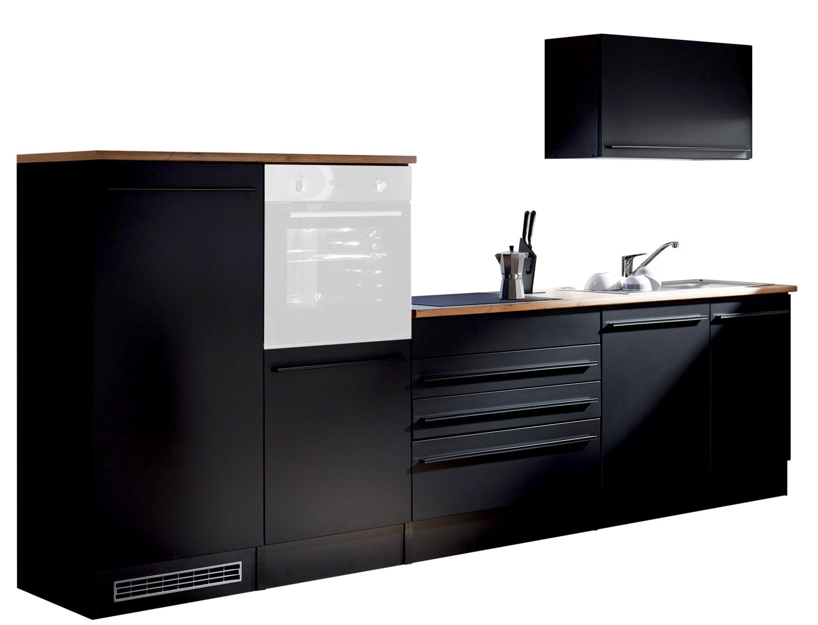 Yourkitchen Keukenblok 320 JAZZ zonder elektrische apparaten Modern keukenblok in zwart met houten werkblad, zonder elektrische apparaten, zijaanzicht