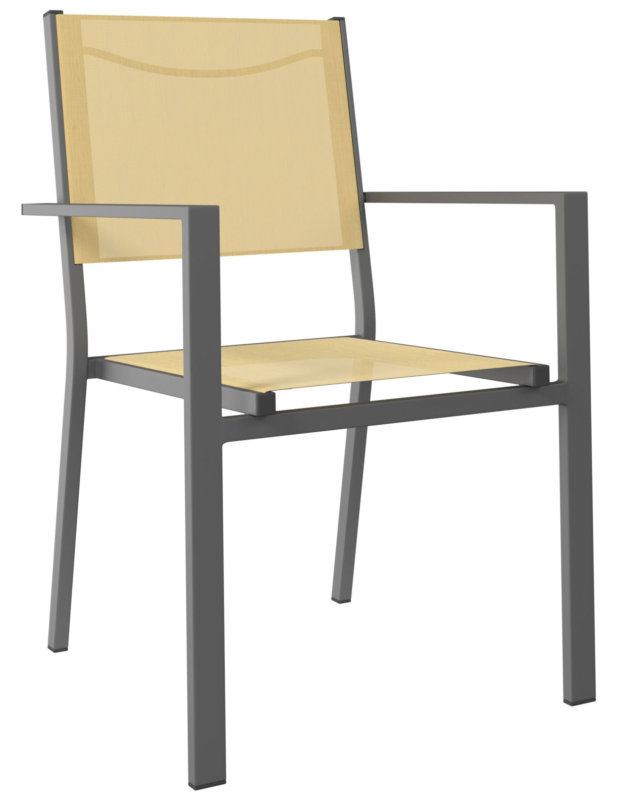 Moderner Stapelsessel mit Metallrahmen und Holzsitzfläche, seitliche Perspektive