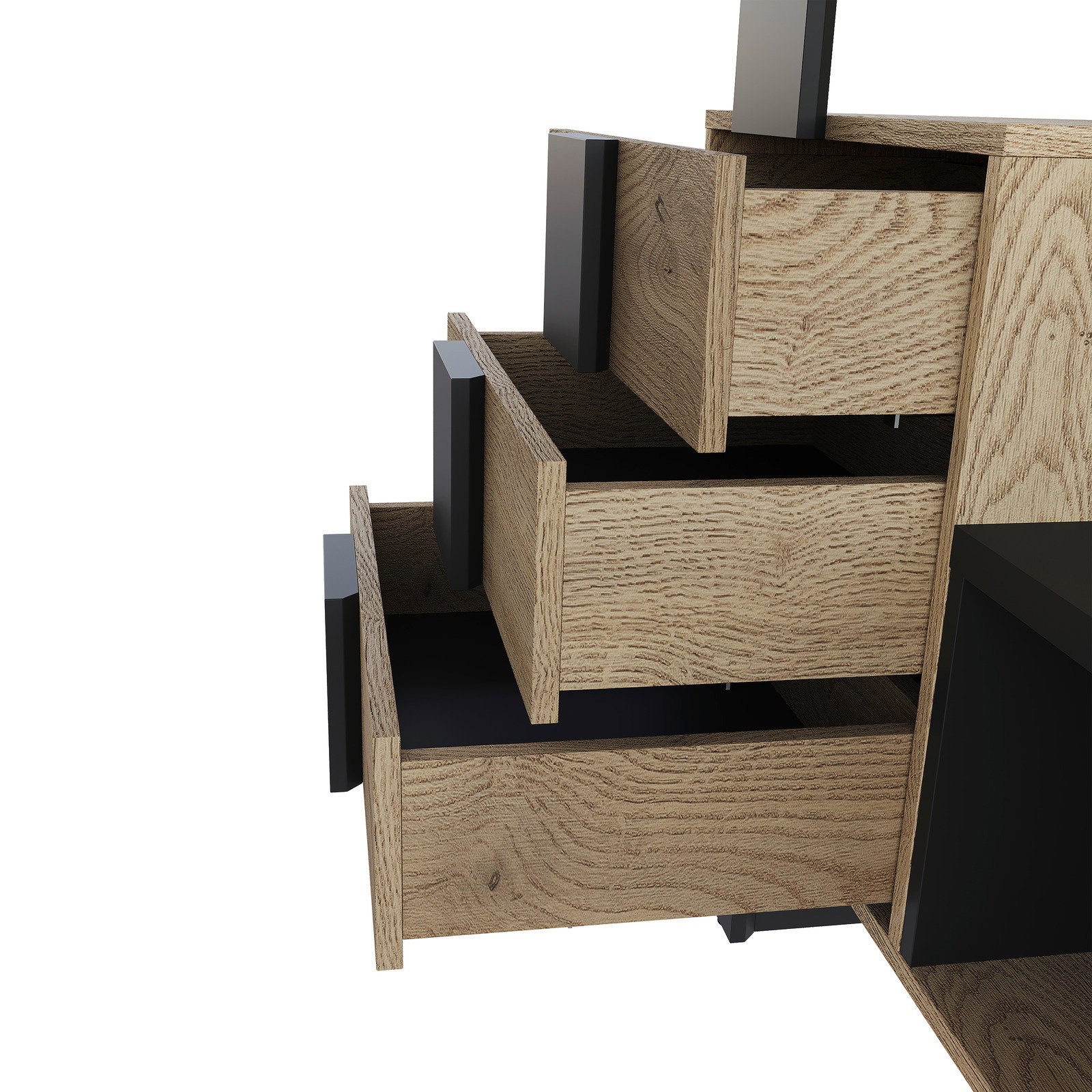 Nahaufnahme einer Kompaktgarderobe mit mehreren geöffneten Schubladen aus Holz und schwarzen Griffen, seitliche Perspektive.