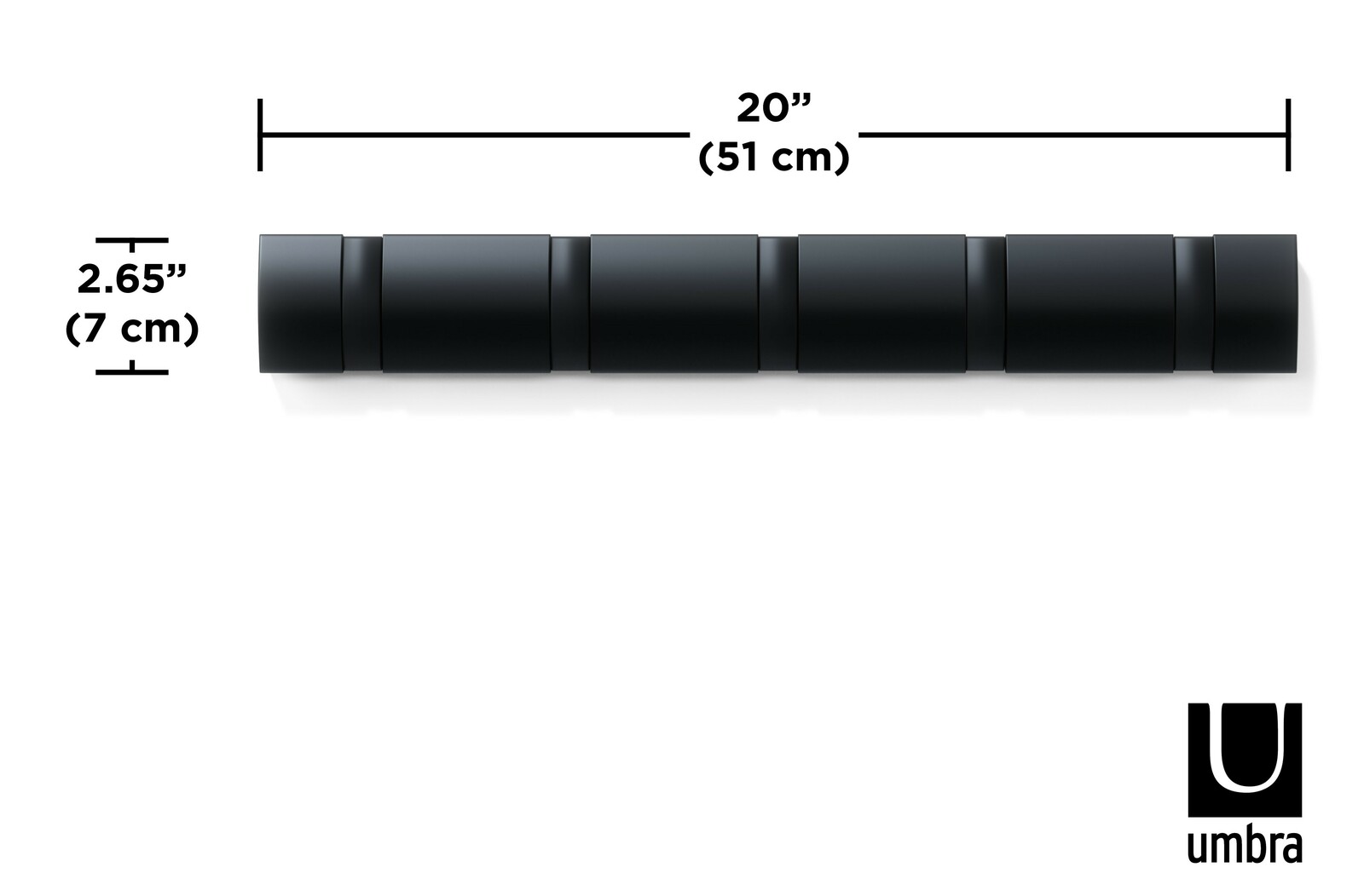 Schwarze Wandgarderobe Umbra FLIP mit fünf Haken, horizontale Ansicht, Maße 51 cm x 7 cm.