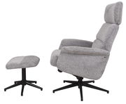 Grauer Relaxsessel mit Hocker, seitliche Perspektive