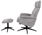 Grauer Relaxsessel mit Hocker, seitliche Perspektive