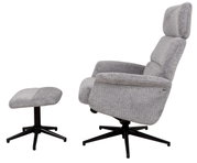 Grauer Relaxsessel mit Hocker, seitliche Perspektive