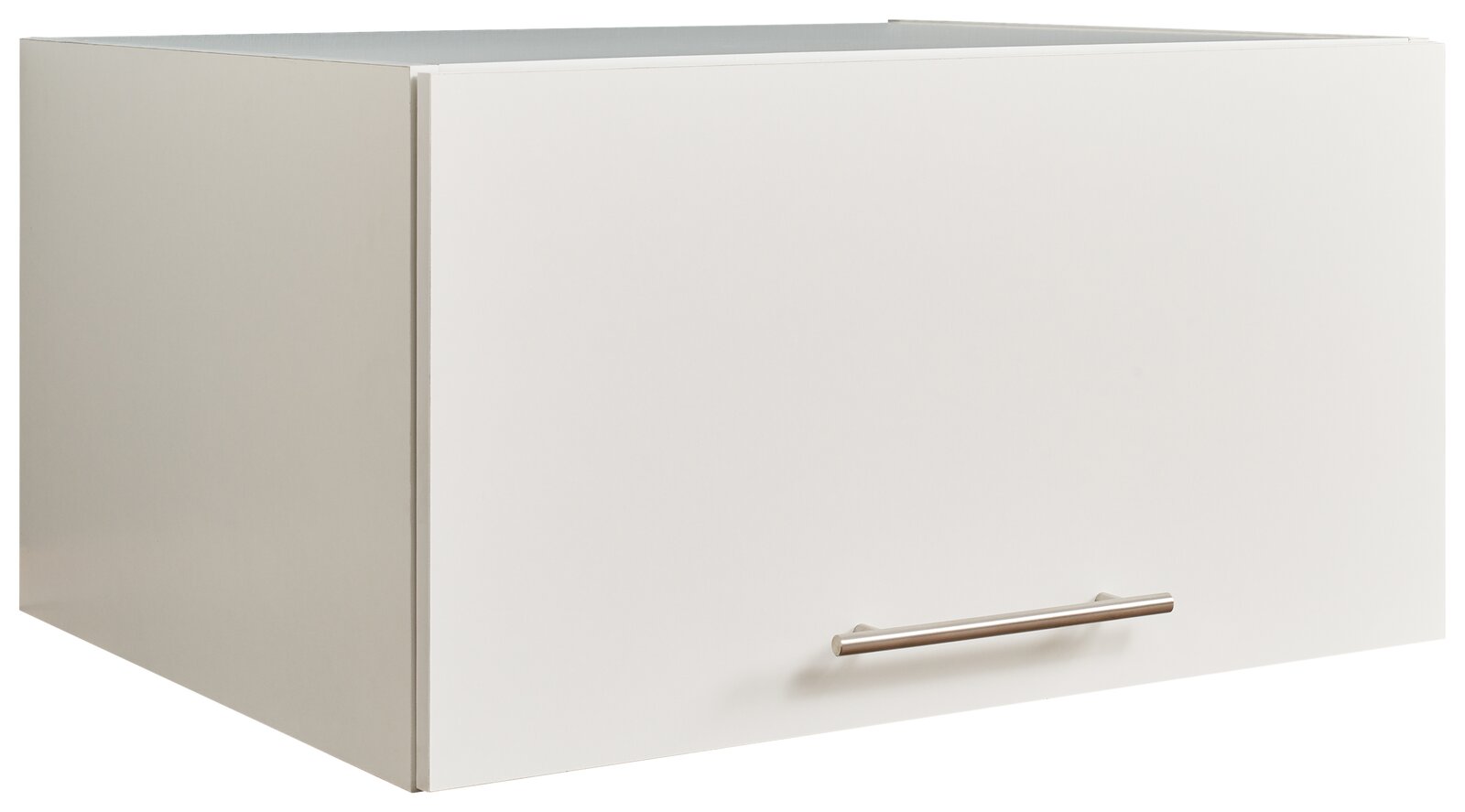 Weißer Aufsatzschrank mit Metallgriff, seitliche Perspektive