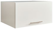Weißer Aufsatzschrank mit Metallgriff, seitliche Perspektive