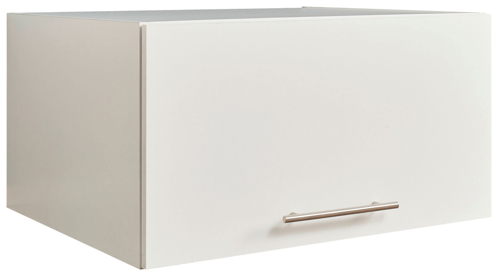 Weißer Aufsatzschrank mit Metallgriff, seitliche Perspektive