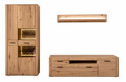 Wandkombination aus Holz mit Schrank, Regal und TV-Board, frontal betrachtet