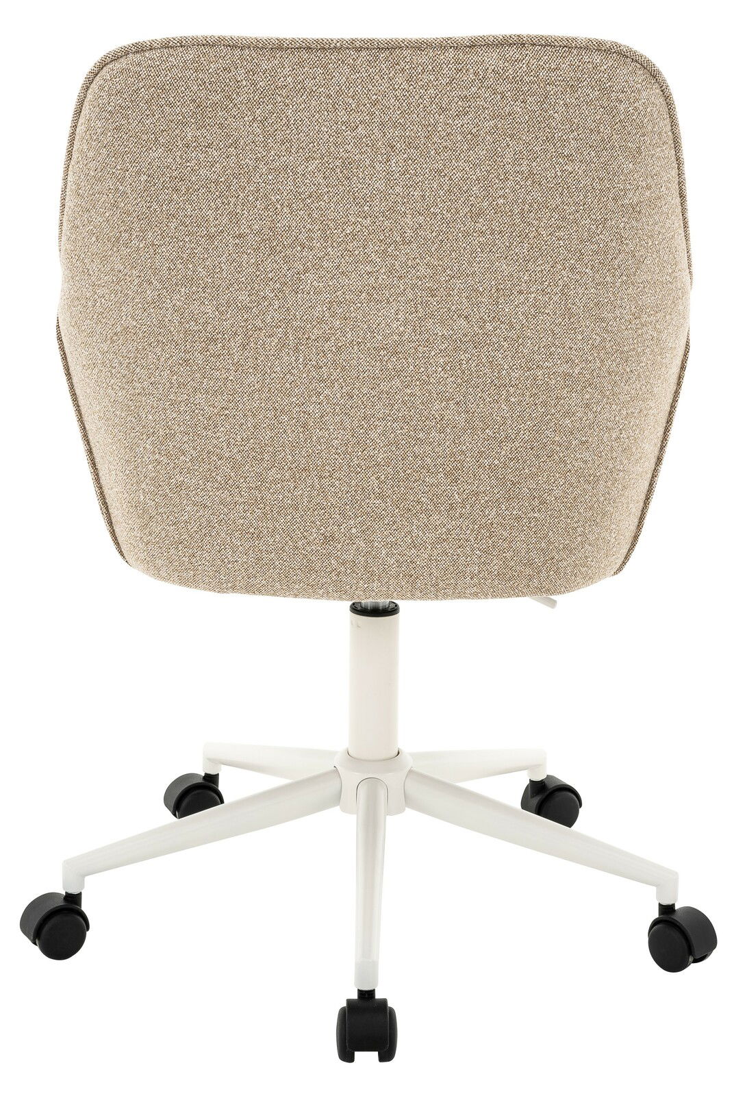 Rückansicht eines beige gepolsterten Drehstuhls mit weißem Gestell und schwarzen Rollen.