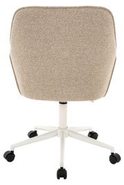 Rückansicht eines beige gepolsterten Drehstuhls mit weißem Gestell und schwarzen Rollen.