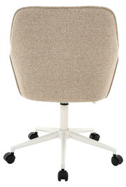 Rückansicht eines beige gepolsterten Drehstuhls mit weißem Gestell und schwarzen Rollen.