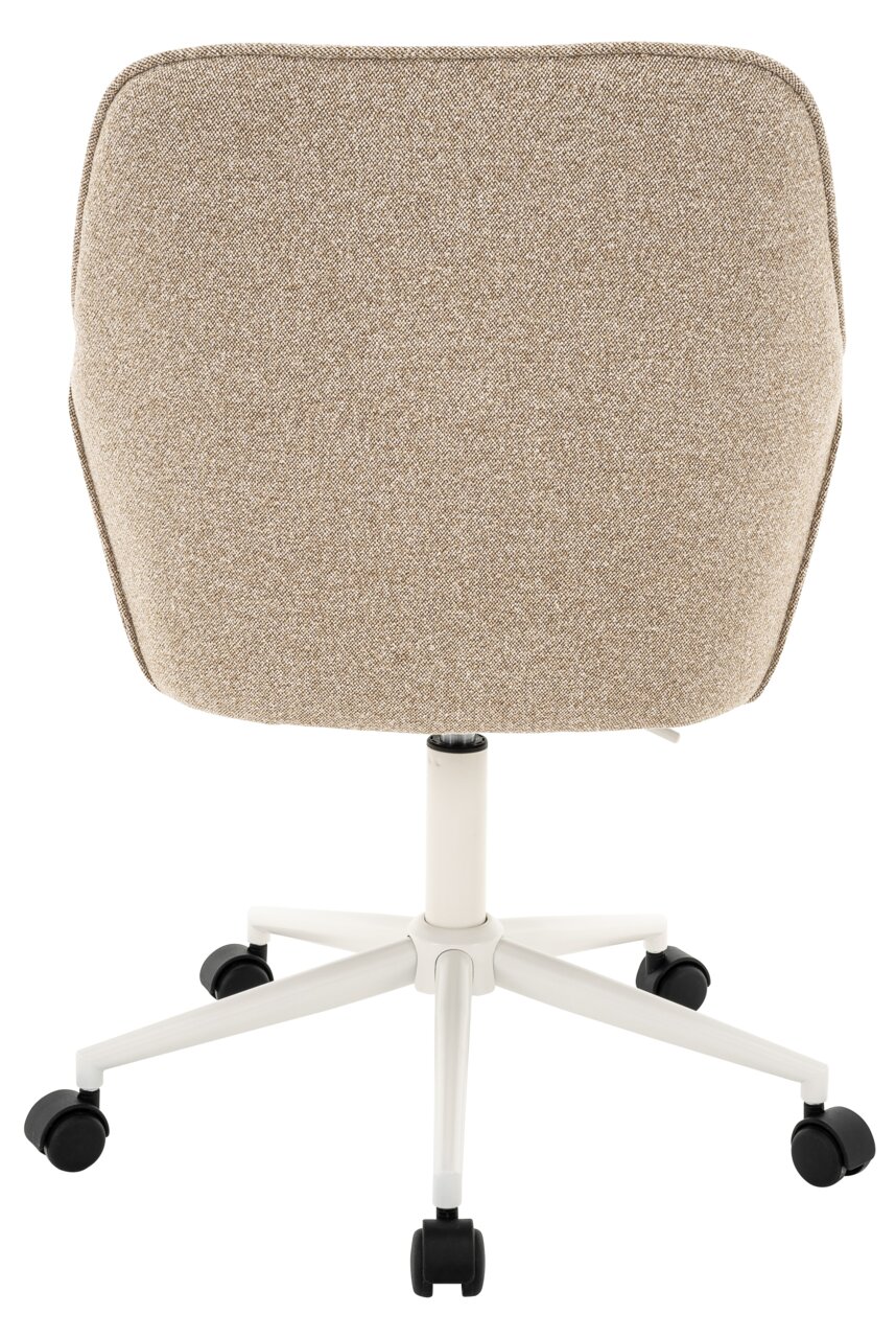 Rückansicht eines beige gepolsterten Drehstuhls mit weißem Gestell und schwarzen Rollen.