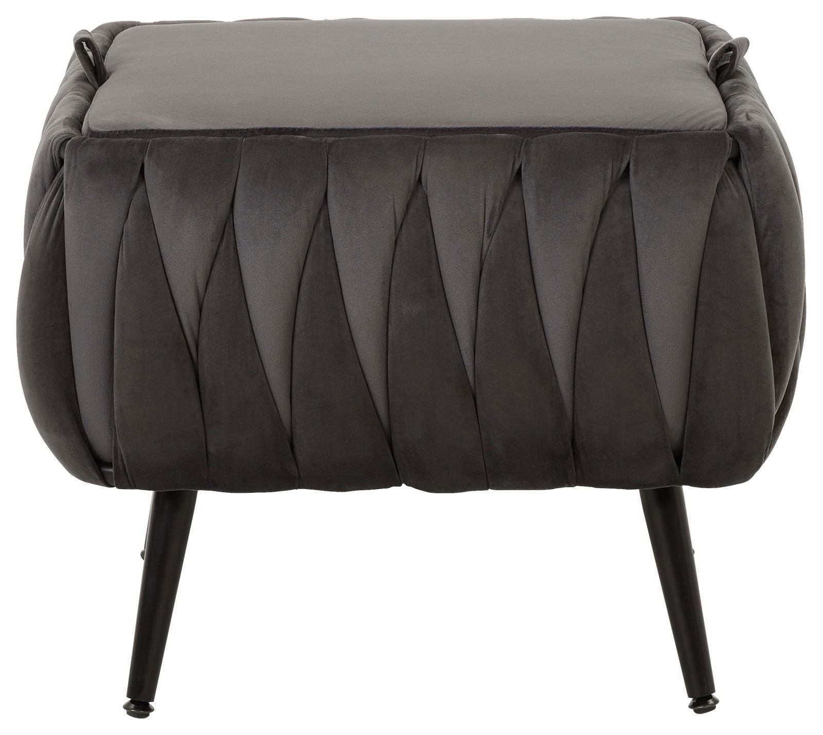 Grauer Hocker mit gepolstertem Sitz und dekorativem Faltenmuster, frontal betrachtet.