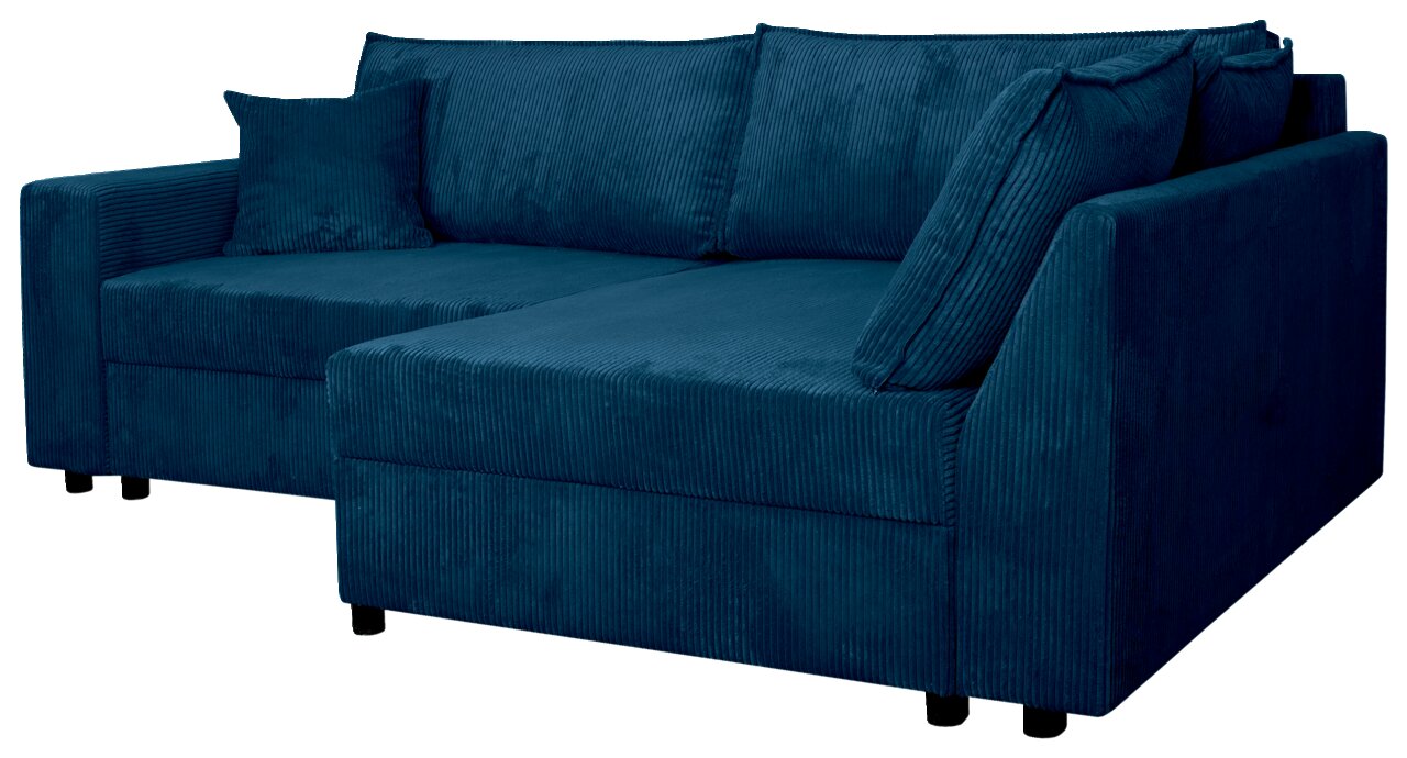 Blaue Rundecke aus Cordstoff mit Kissen, Perspektive von vorne rechts