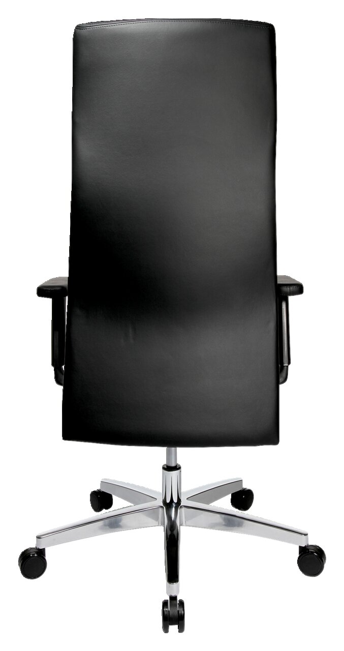 Rückansicht eines schwarzen Chefsessels mit verchromtem Fußkreuz und Rollen.