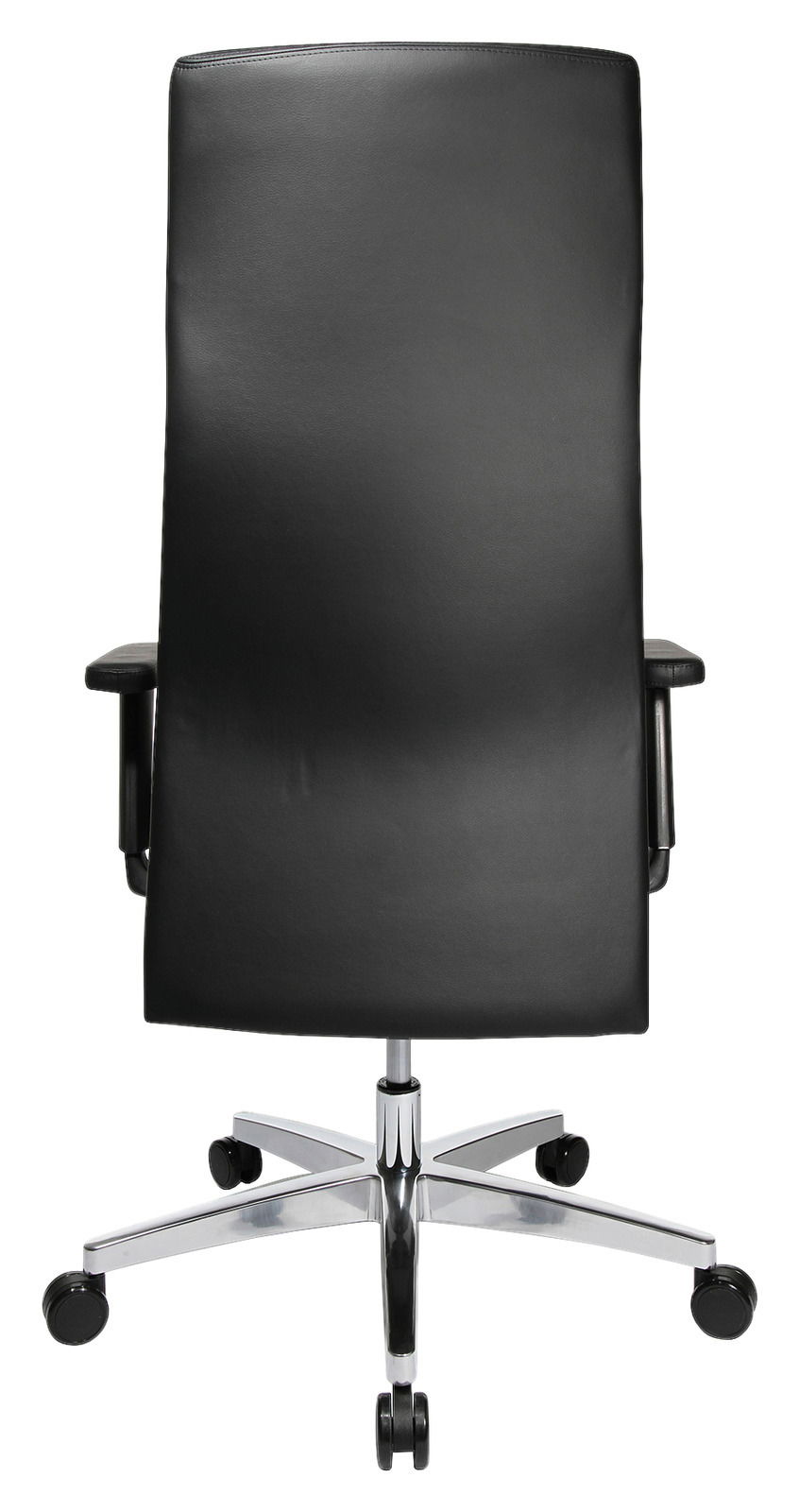 Rückansicht eines schwarzen Chefsessels mit verchromtem Fußkreuz und Rollen.