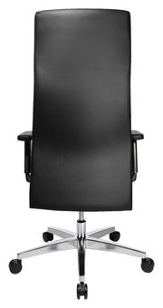 Rückansicht eines schwarzen Chefsessels mit verchromtem Fußkreuz und Rollen.