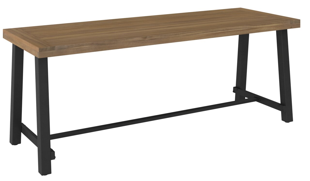 Moderner Gartentisch mit Holzplatte und schwarzen Metallbeinen, seitliche Perspektive