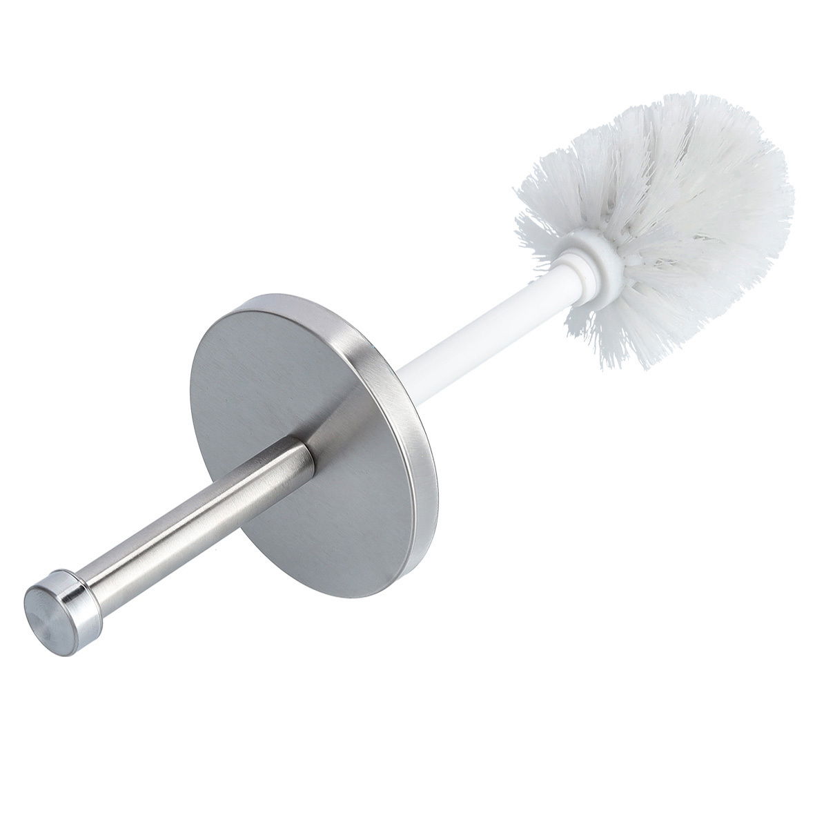 WC-Garnitur aus Edelstahl mit weißem Bürstenkopf, seitliche Perspektive