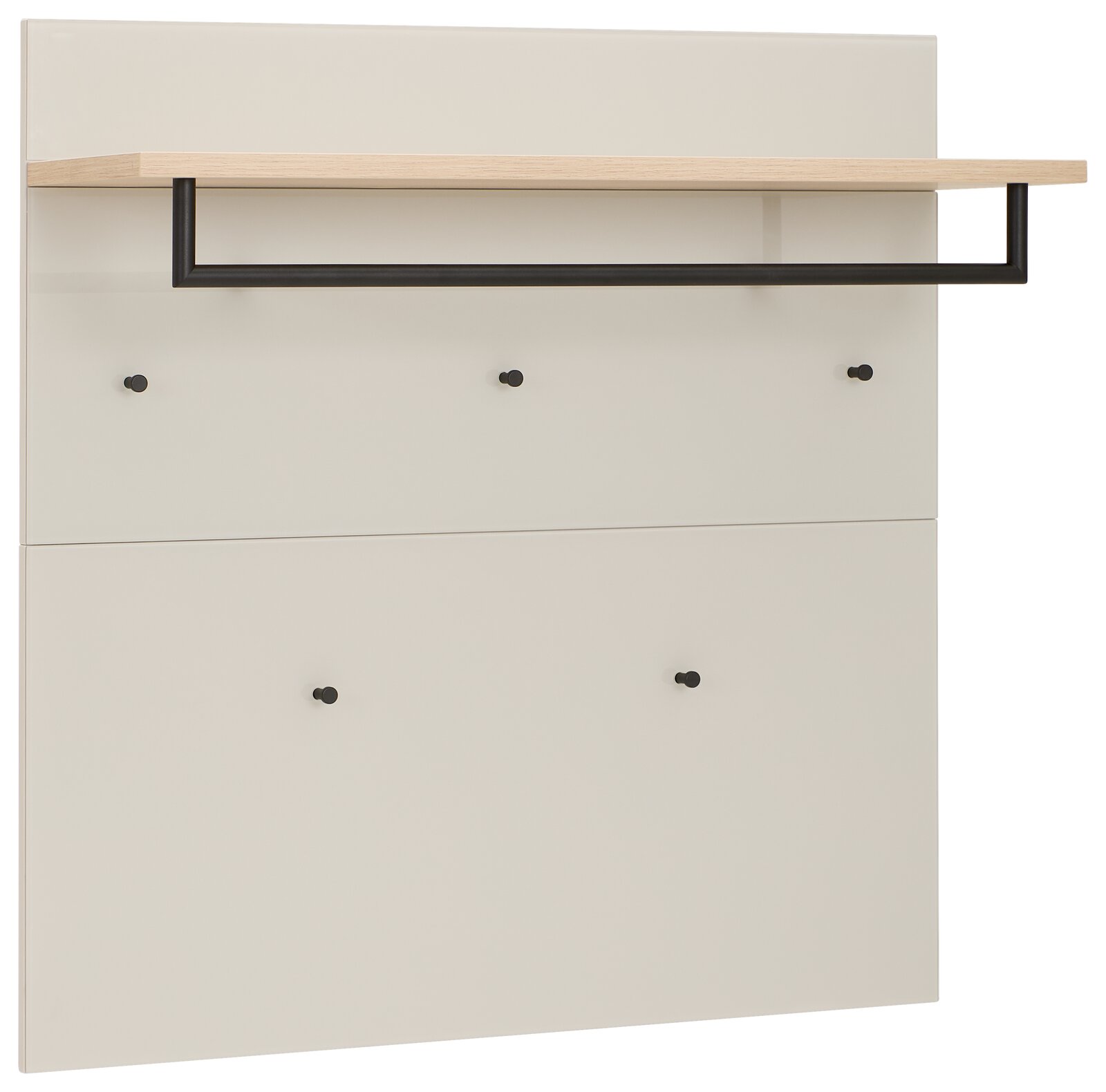 Garderobenpaneel mit Holzablage und schwarzen Haken, seitliche Perspektive