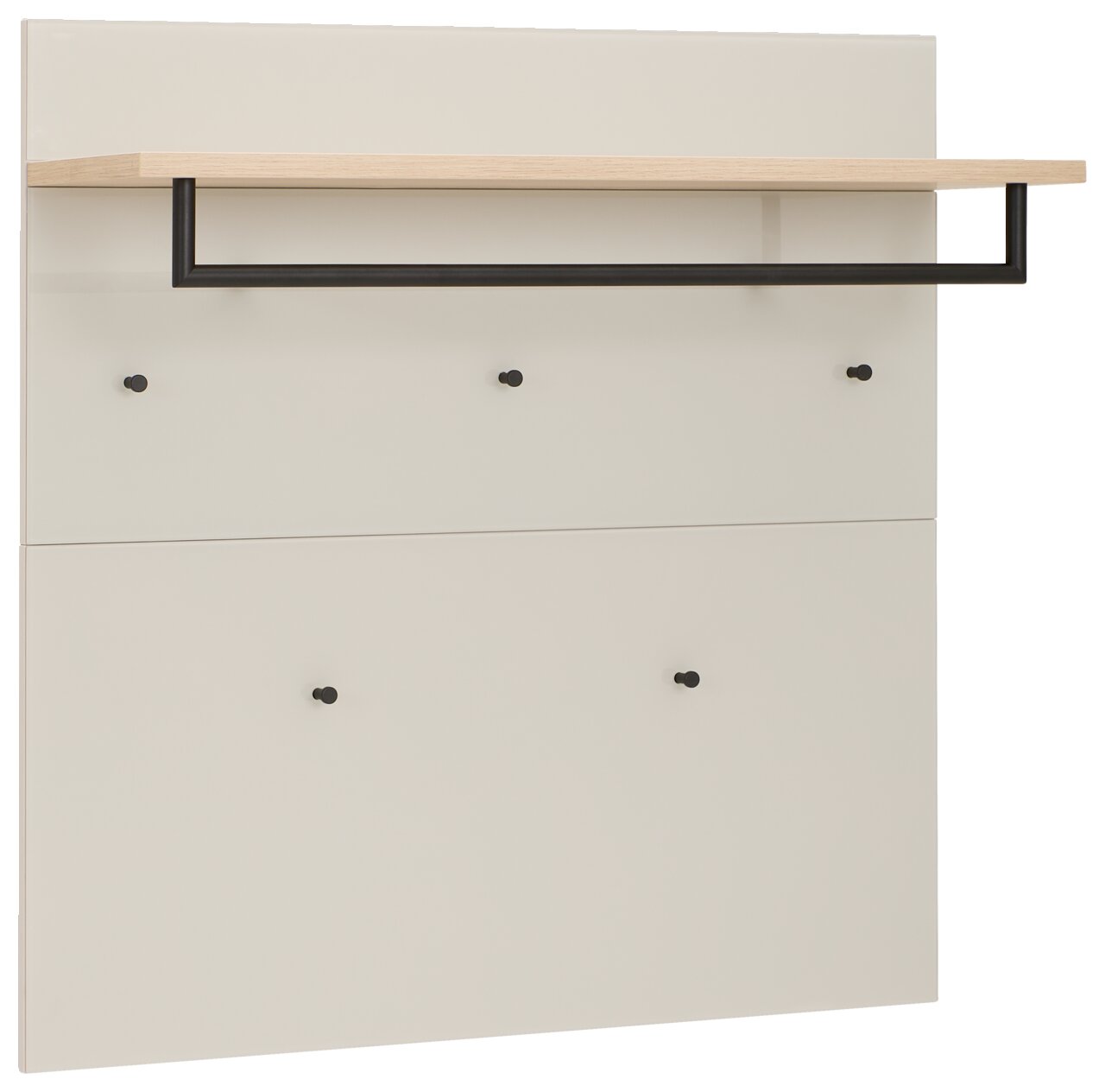 Voleo Garderobenpaneel NEW YORK Garderobenpaneel mit Holzablage und schwarzen Haken, seitliche Perspektive