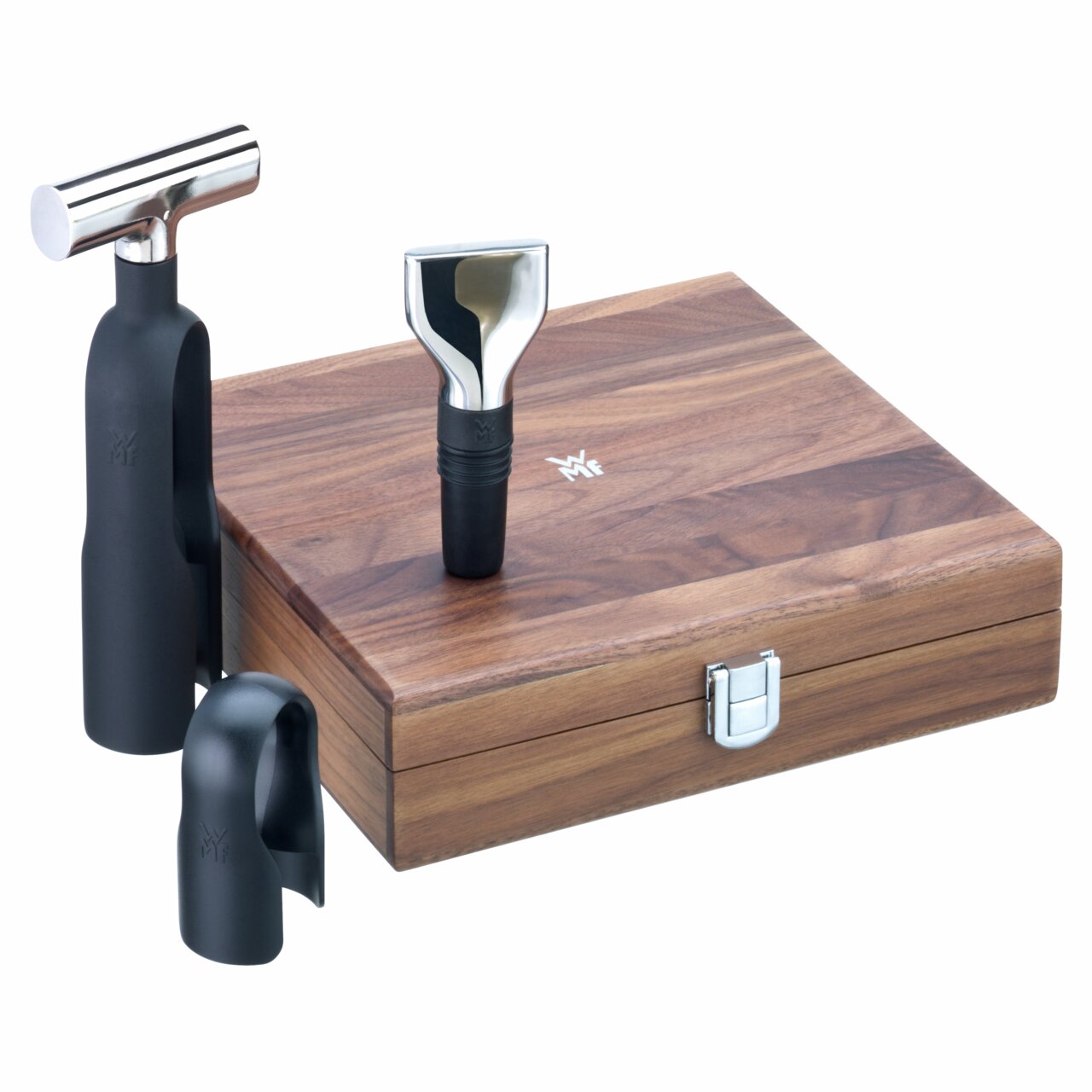 Sommelier-Set Baric 3-tlg. mit edler Holzbox, bestehend aus einem Weinflaschenverschluss, einem Korkenzieher und einem Folienschneider, aus seitlicher Perspektive fotografiert.