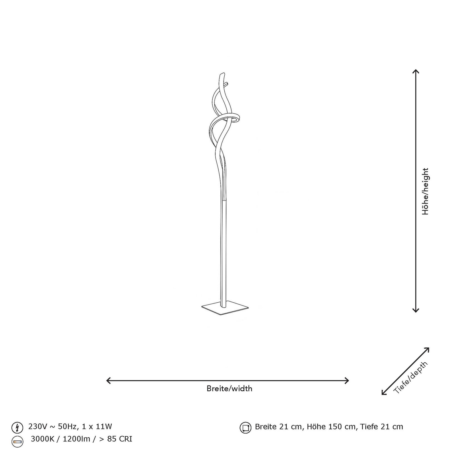 LED-Stehleuchte mit geschwungenem Design, seitliche Perspektive