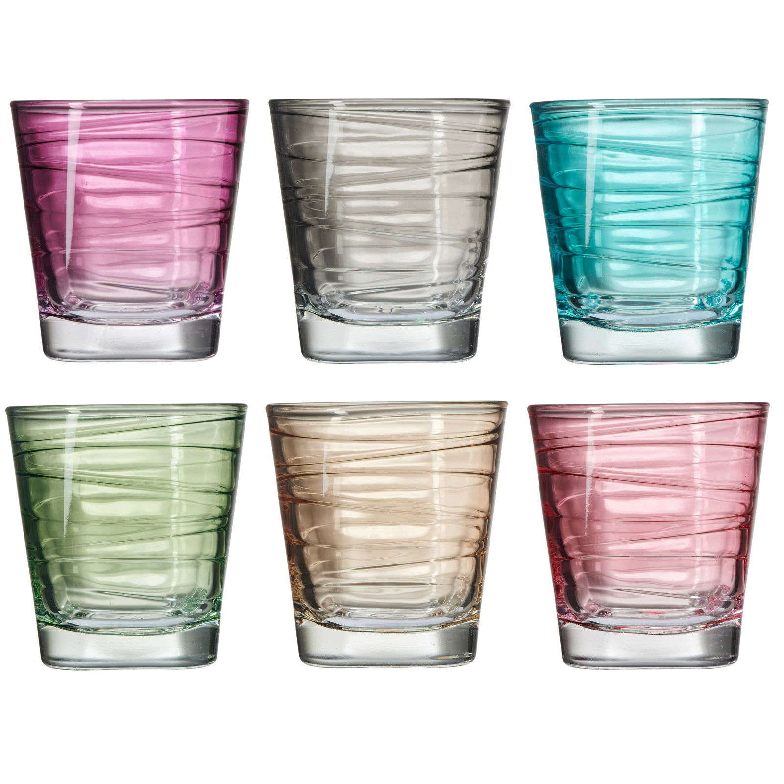 Sechsteiliges Becherset mit 250ml Fassungsvermögen in verschiedenen Farben, aus der Frontalperspektive fotografiert.