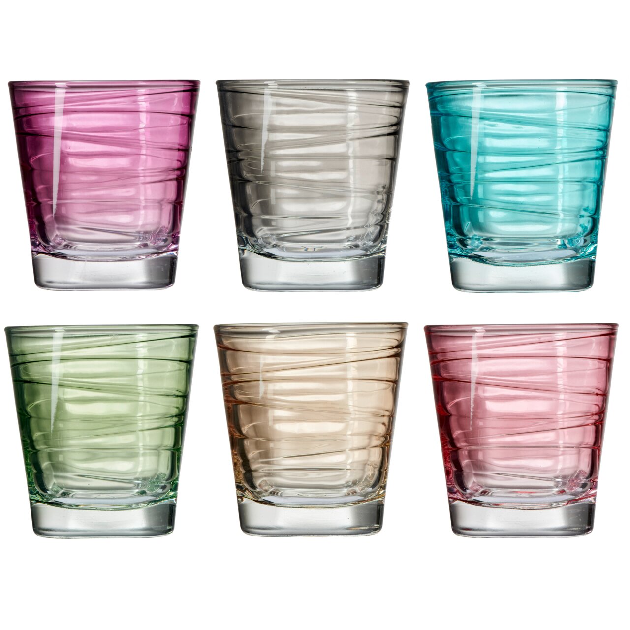 Sechsteiliges Becherset mit 250ml Fassungsvermögen in verschiedenen Farben, aus der Frontalperspektive fotografiert.