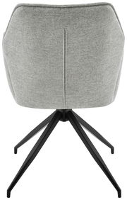 Rückansicht eines grauen Armlehnstuhls mit schwarzem Metallgestell