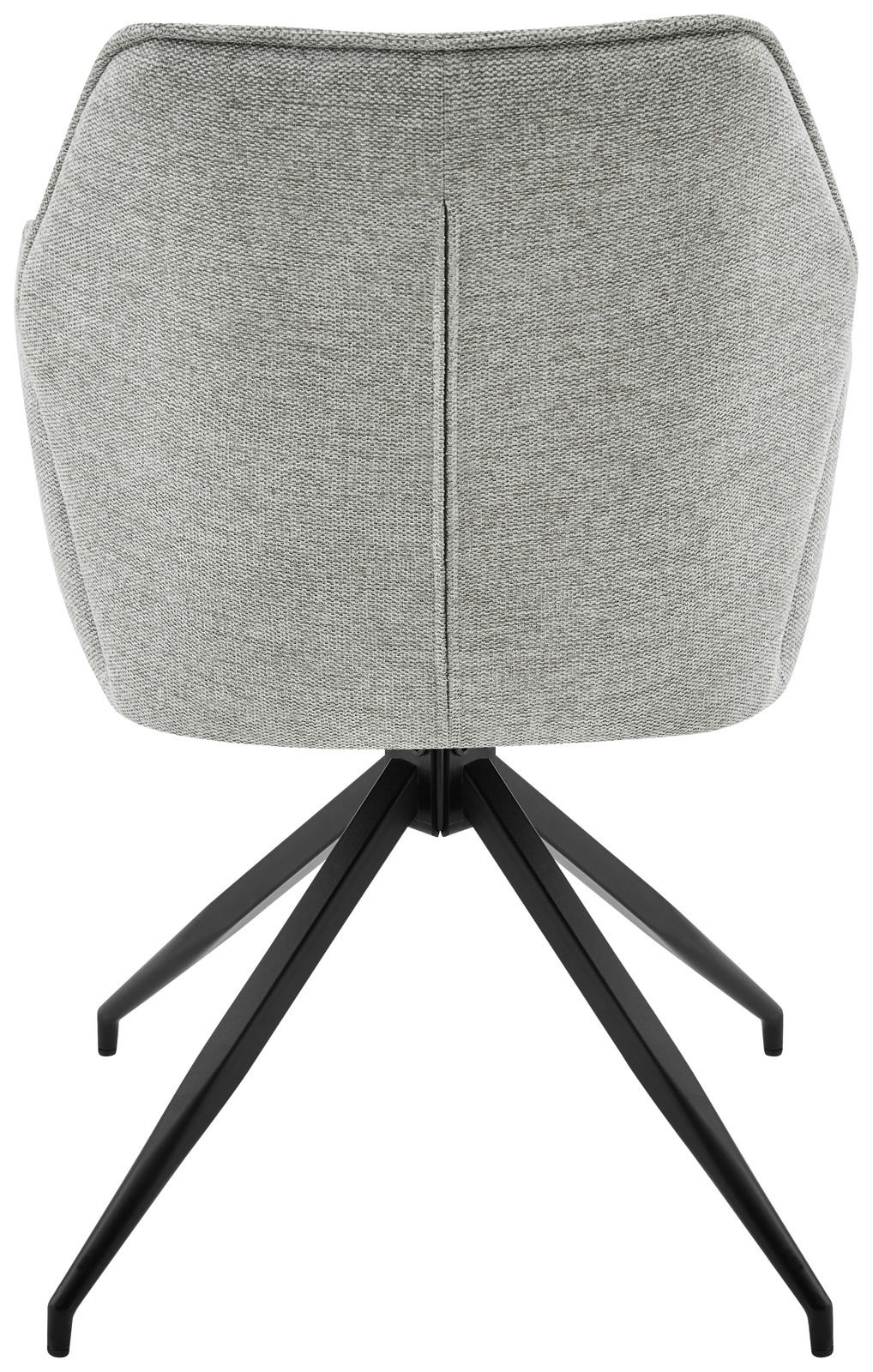 Rückansicht eines grauen Armlehnstuhls mit schwarzem Metallgestell