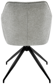 Rückansicht eines grauen Armlehnstuhls mit schwarzem Metallgestell