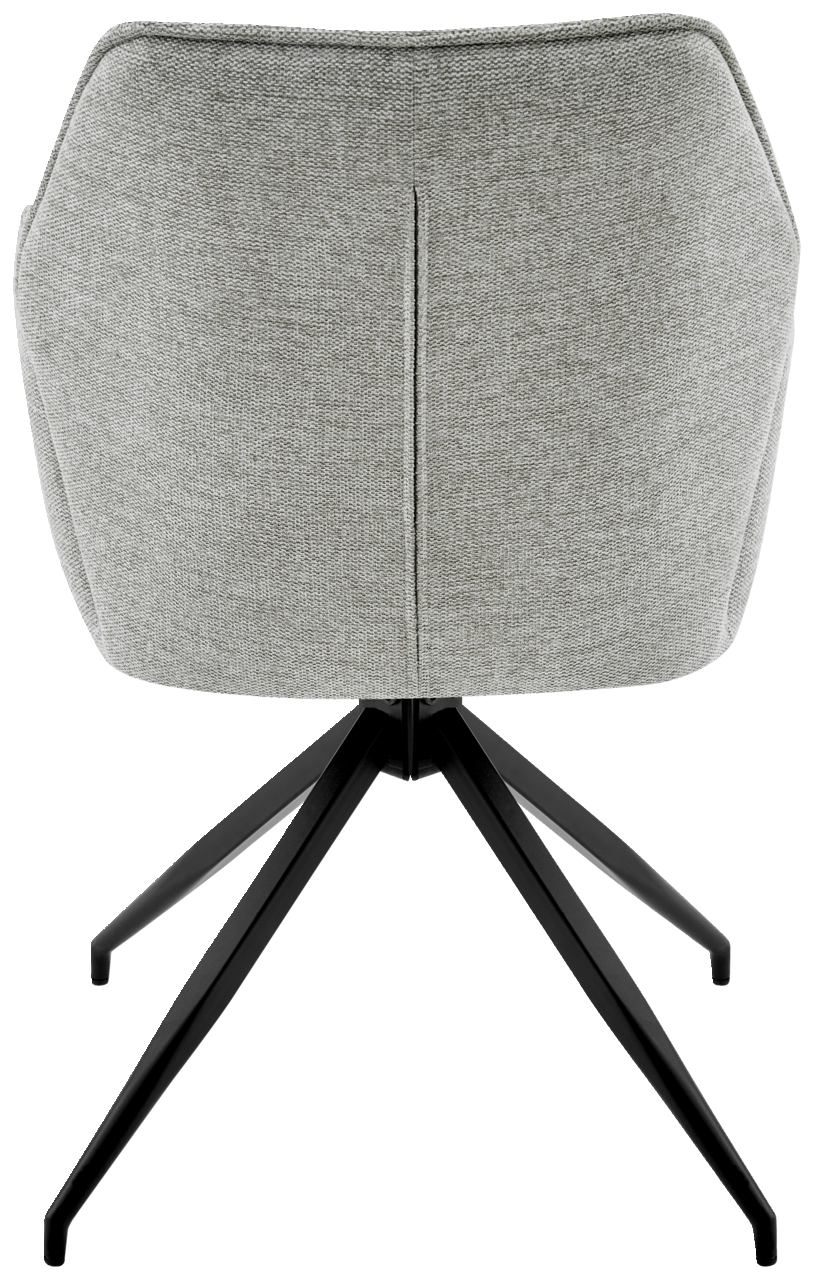 Rückansicht eines grauen Armlehnstuhls mit schwarzem Metallgestell