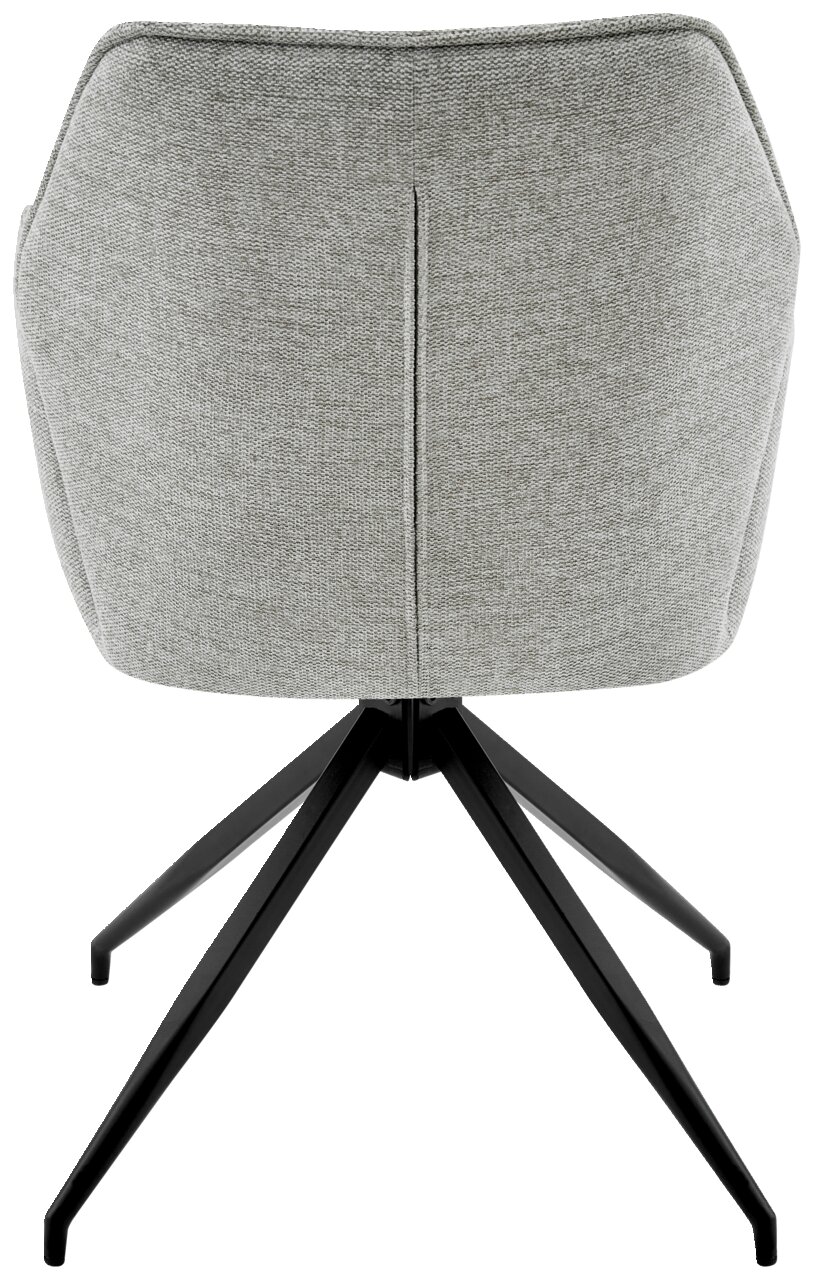 Rückansicht eines grauen Armlehnstuhls mit schwarzem Metallgestell