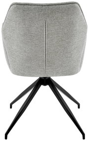 Rückansicht eines grauen Armlehnstuhls mit schwarzem Metallgestell