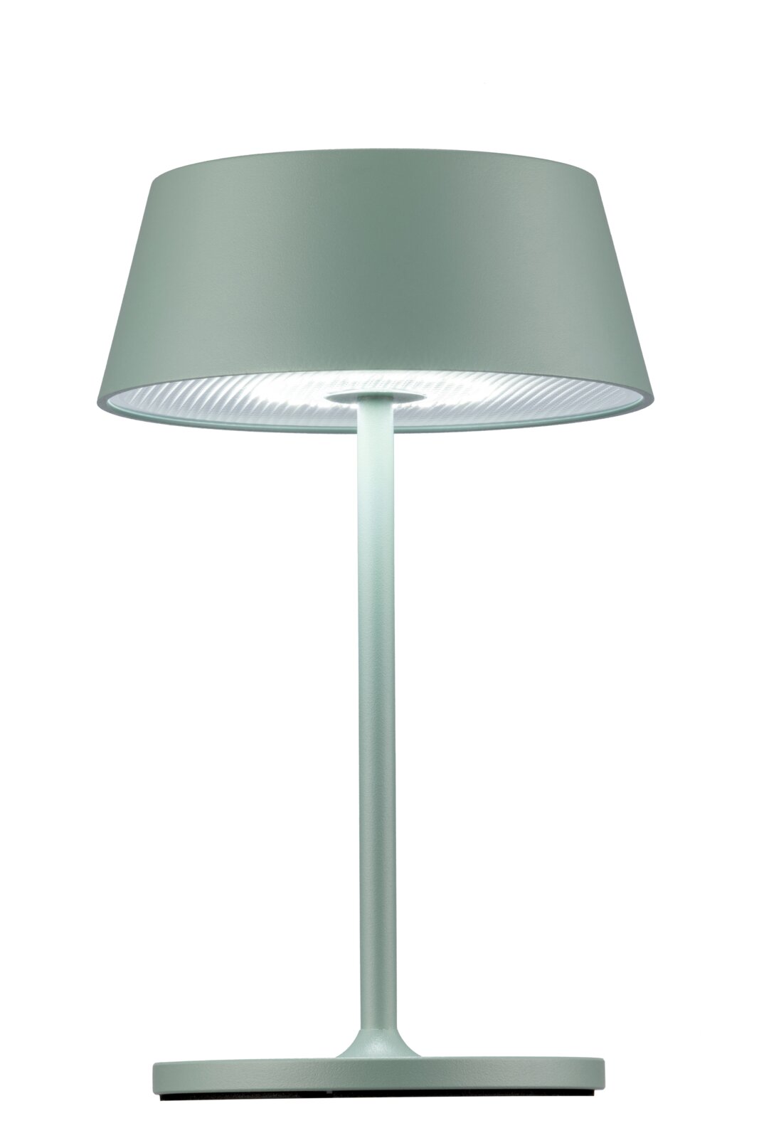 Moderne accu-tafellamp in mintgroen, hier afgebeeld van voren met een ronde lampenkap en een slanke voet.
