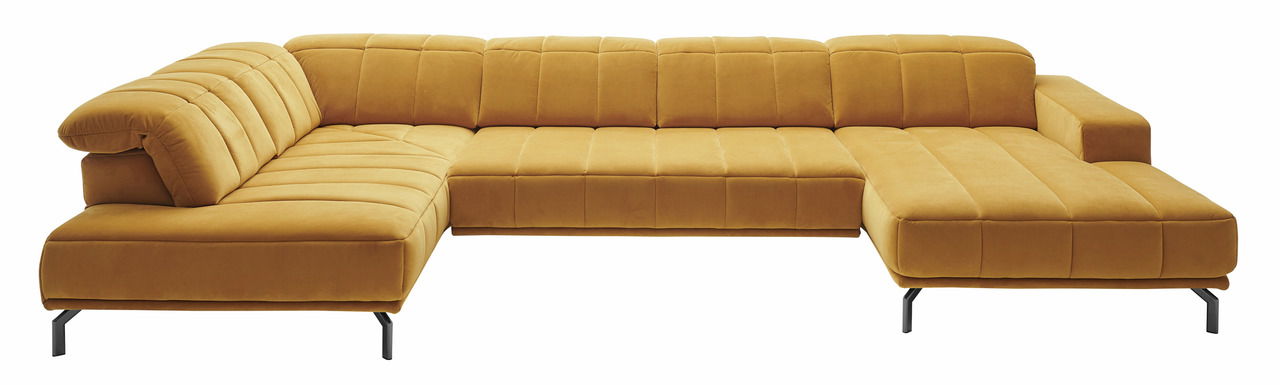Gelbes Ecksofa mit moderner Polsterung, seitliche Perspektive