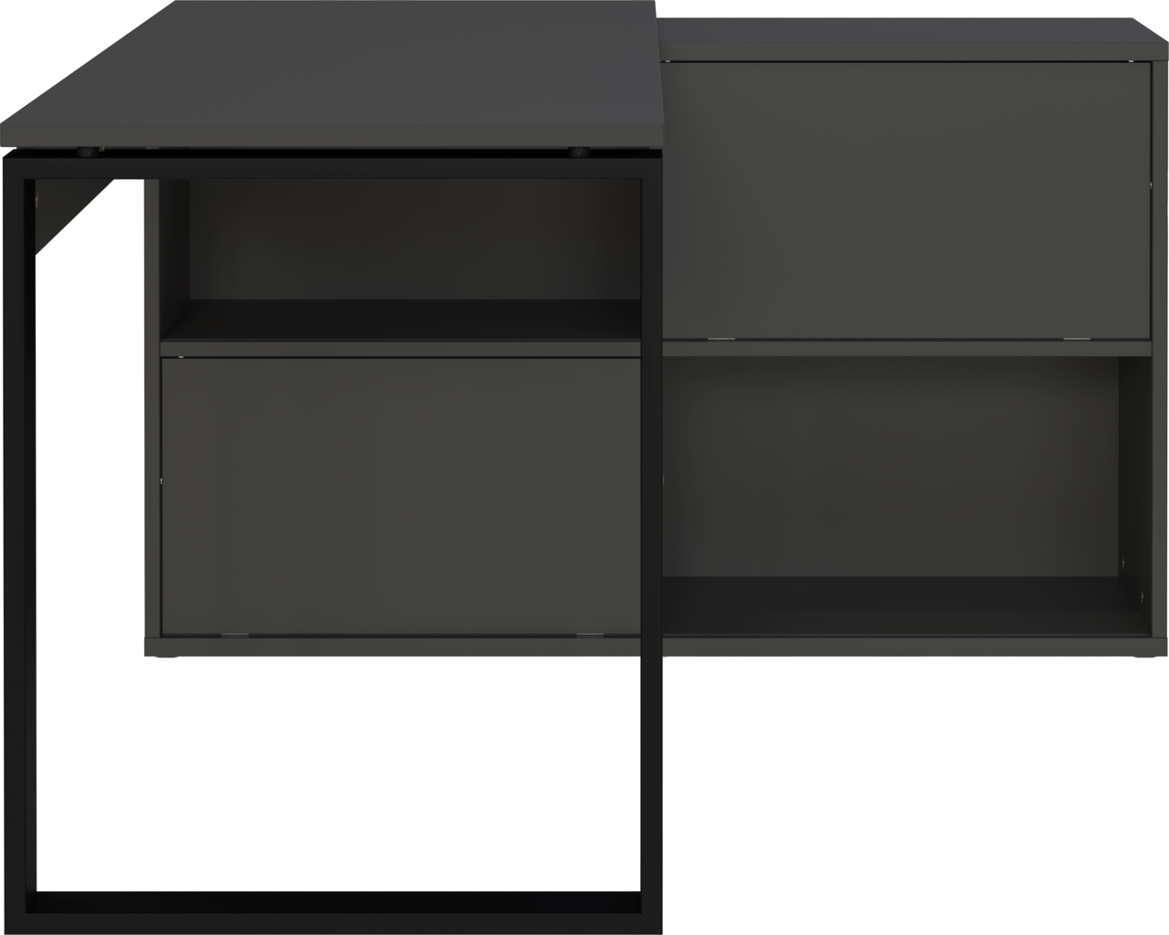 Moderner Winkelschreibtisch in dunklem Design, frontal betrachtet, mit offenen Regalfächern und stabilem Metallrahmen.