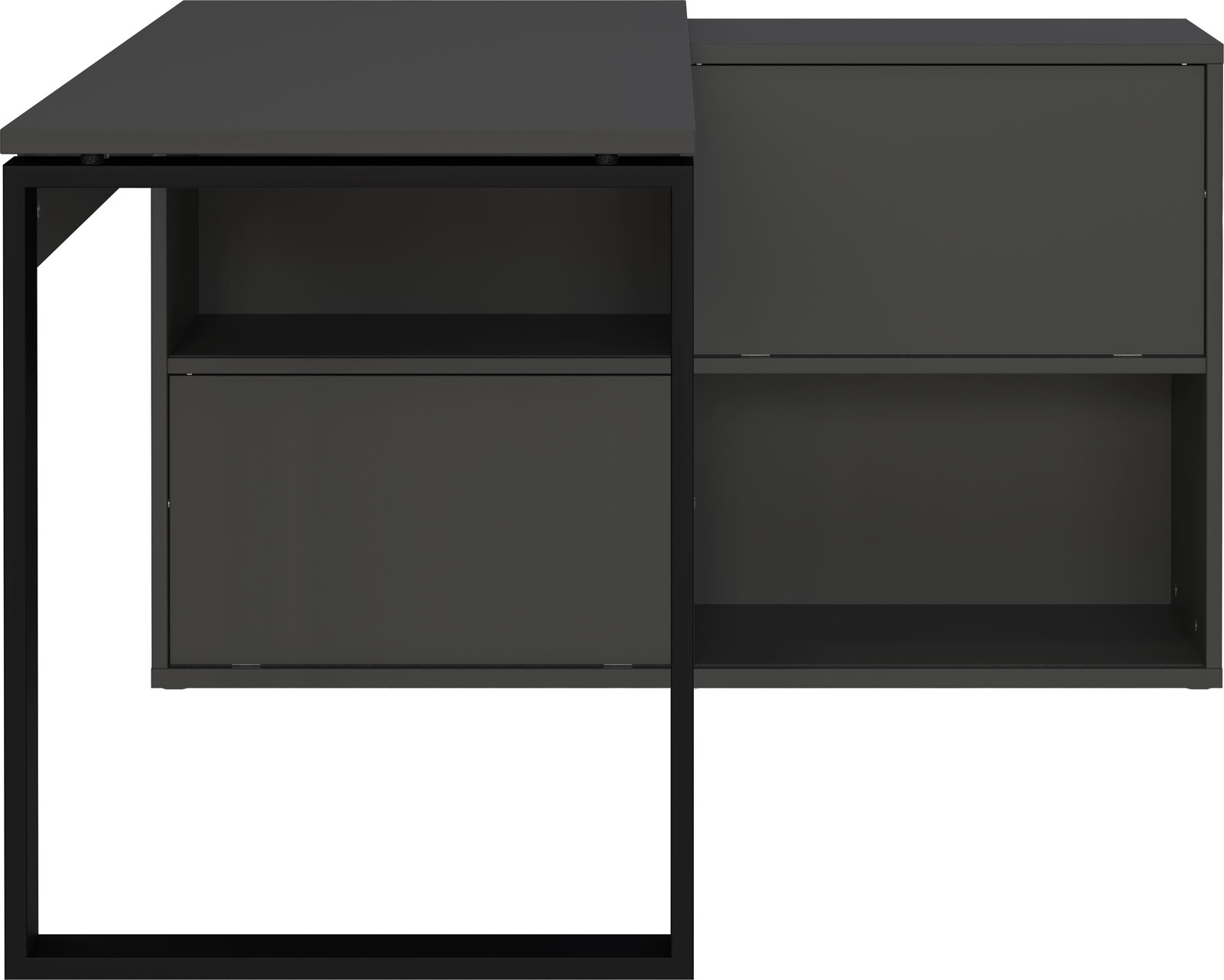 Moderner Winkelschreibtisch in dunklem Design, frontal betrachtet, mit offenen Regalfächern und stabilem Metallrahmen.
