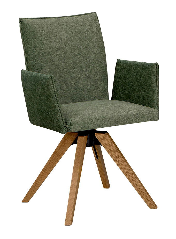 Moderano Armlehnstuhl LAURA Grüner Armlehnstuhl mit Holzbeinen, seitliche Perspektive