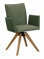 Grüner Armlehnstuhl mit Holzbeinen, seitliche Perspektive