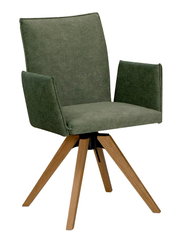 Grüner Armlehnstuhl mit Holzbeinen, seitliche Perspektive