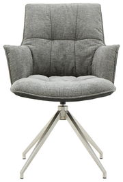 Grauer Sessel mit gepolsterter Sitzfläche und Rückenlehne, auf einem modernen Metallgestell, Frontalansicht.