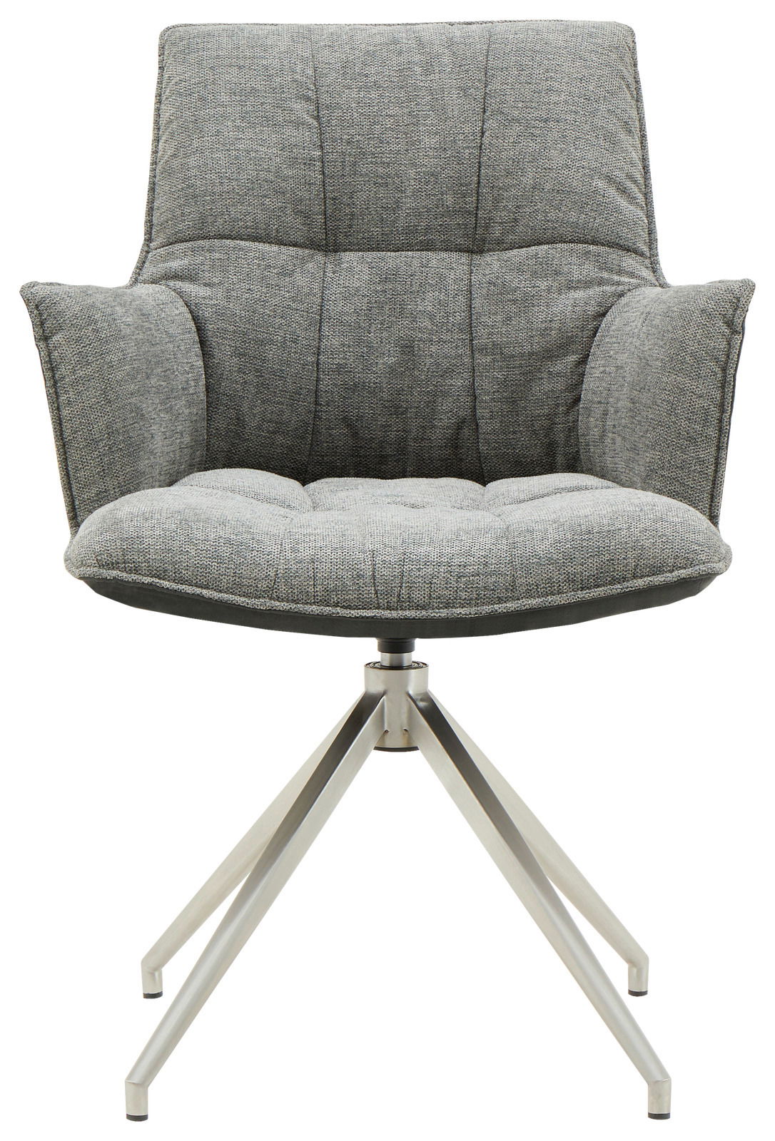 Grauer Sessel mit gepolsterter Sitzfläche und Rückenlehne, auf einem modernen Metallgestell, Frontalansicht.